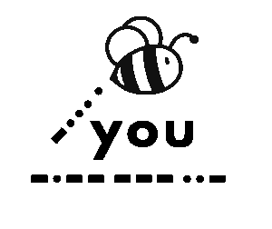 A cartoon bee flies above the word "you" with dots and dashes behind the bee and under the word "you" which are Morse code letters for b-e y-o-u