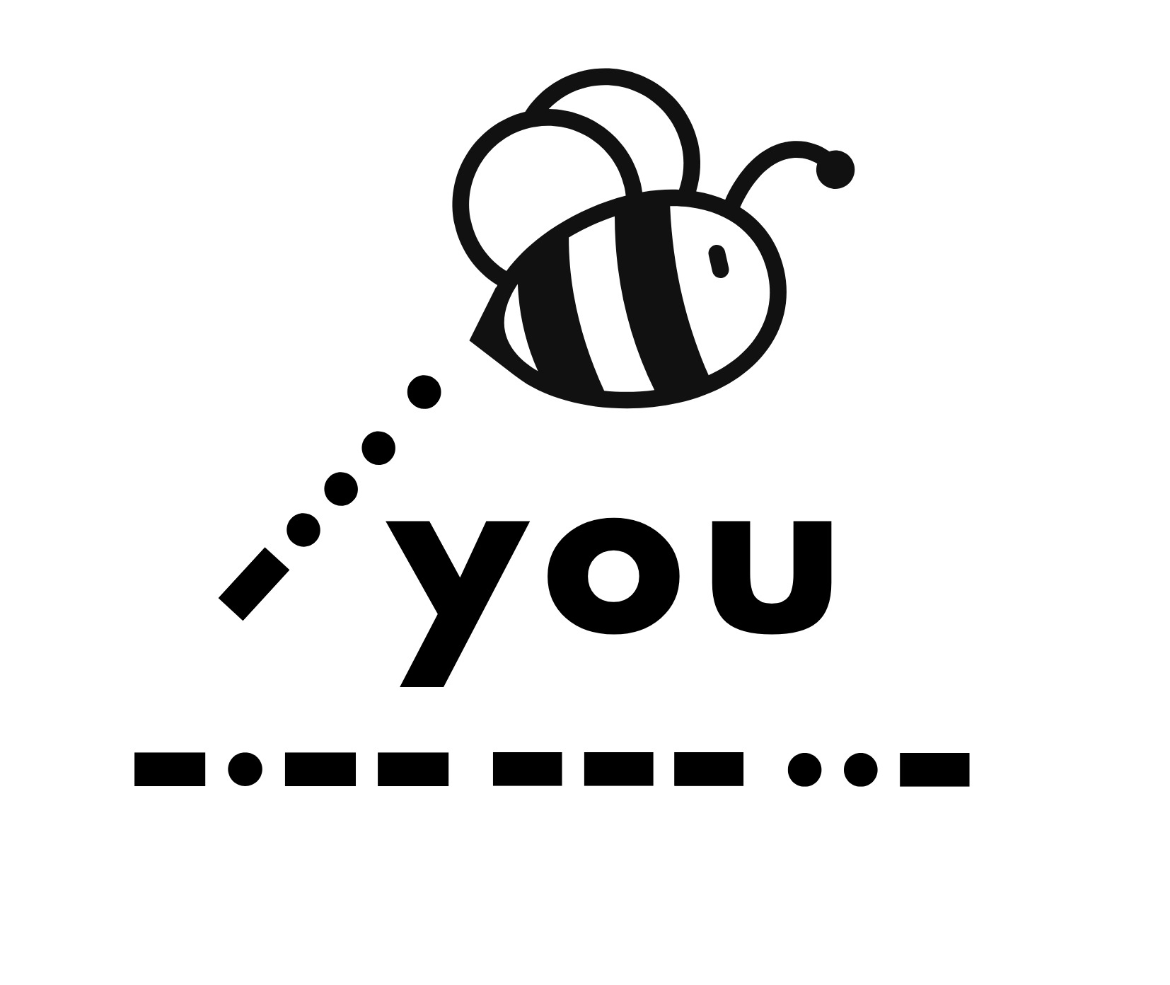 A cartoon bee flies above the word "you" with dots and dashes behind the bee and under the word "you" which are Morse code letters for b-e y-o-u